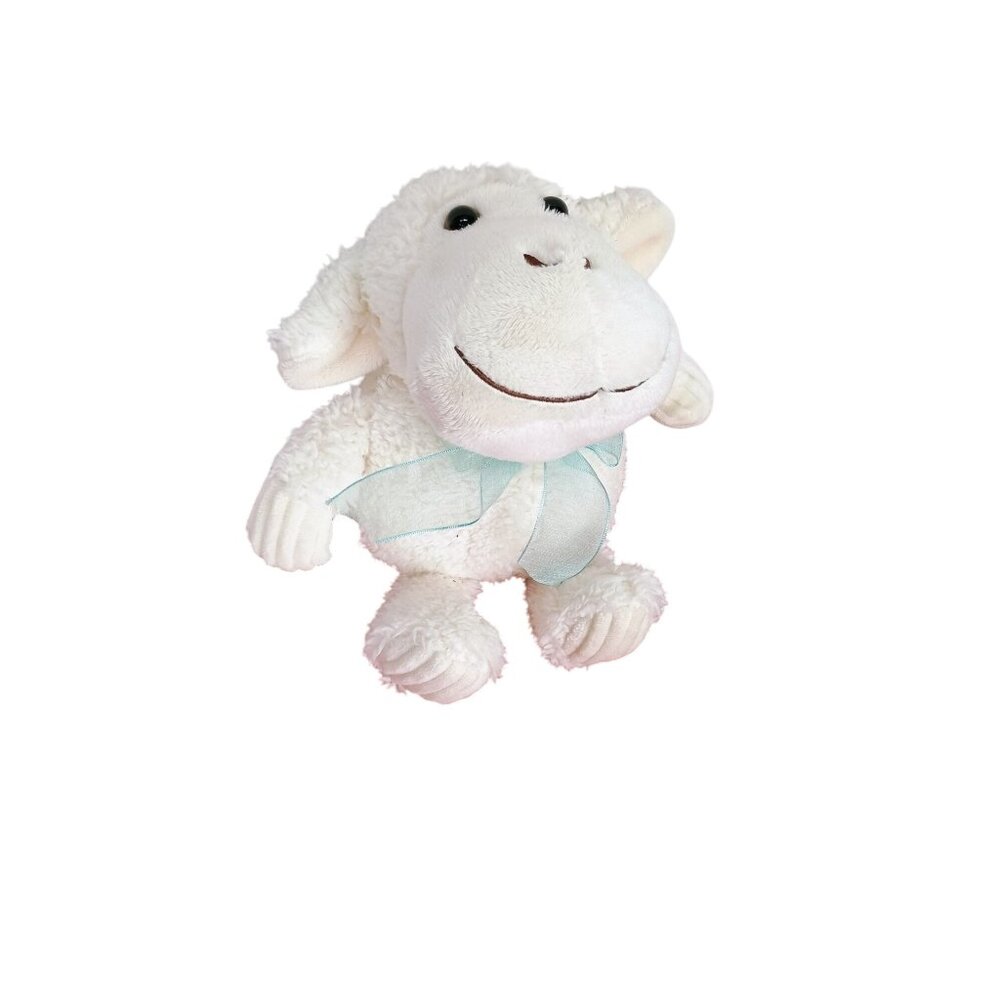 MTY Soft Plush White Lamb Toy With Blue Bow For‎ Ages 3+ Made Of Polyester Fiber